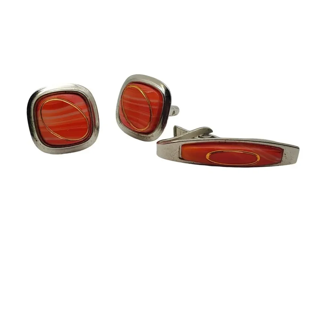 Silver Tone Orange Lucite Swirl Cufflinks Tie Bar MCM Mens Atomic Accessory Mod